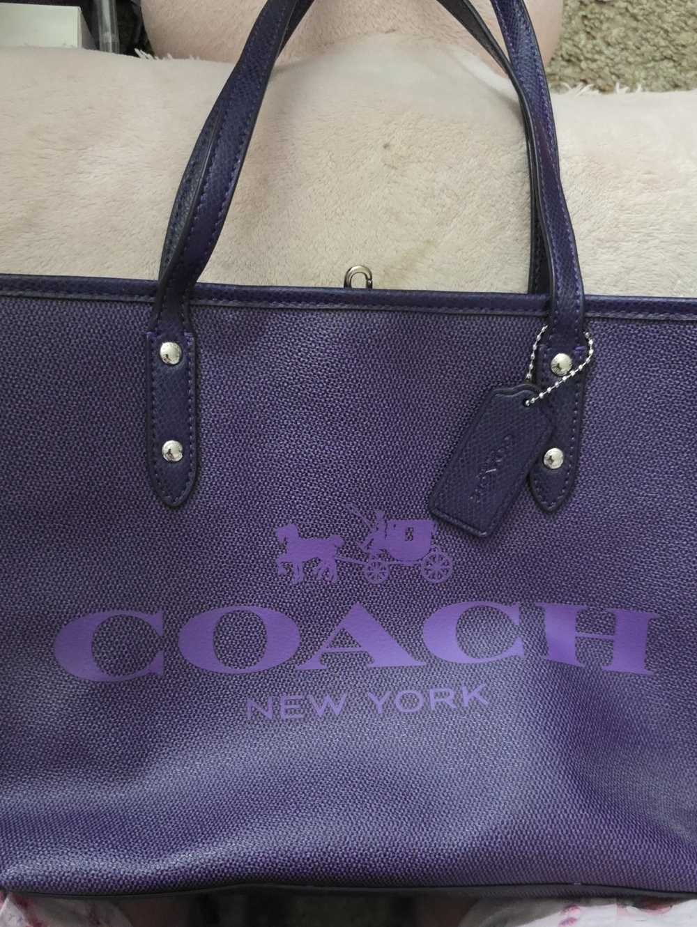 Coach Purple Leather Tote with Logo Print